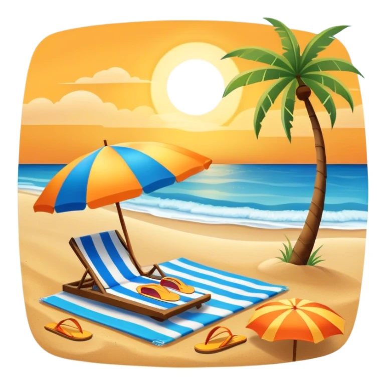 Icon for Beach Tourism: with the blue ocean, orange sunset, yellow sand beach and palm trees in the background, a sun umbrella, flip-flops, and a beach towel on the sand. The icon should represent relaxation and fun at the beach. Transparent background sticker
