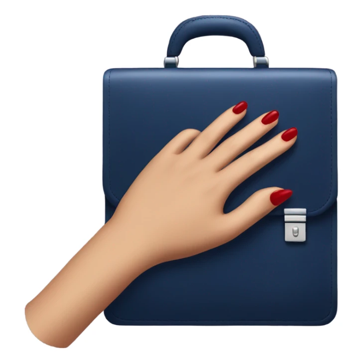 female hand with red manicure holding a dark blue business briefcase sticker