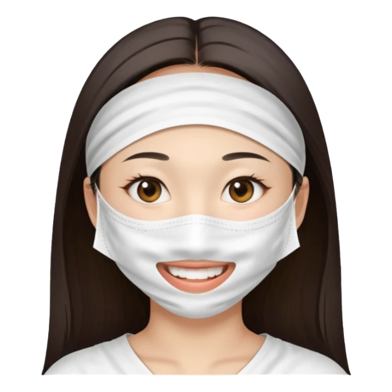 Smiling Asian girl with large white sheet mask pack sticker