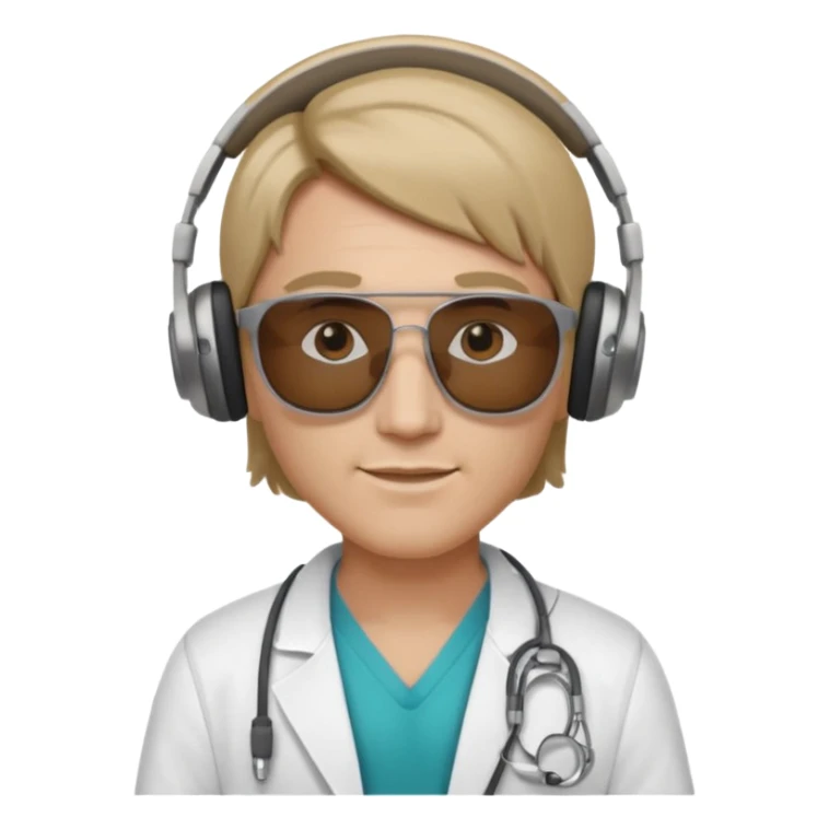 White tesla model 3 with a cool physician with dark blond hair, beats and sunglasses next to it sticker