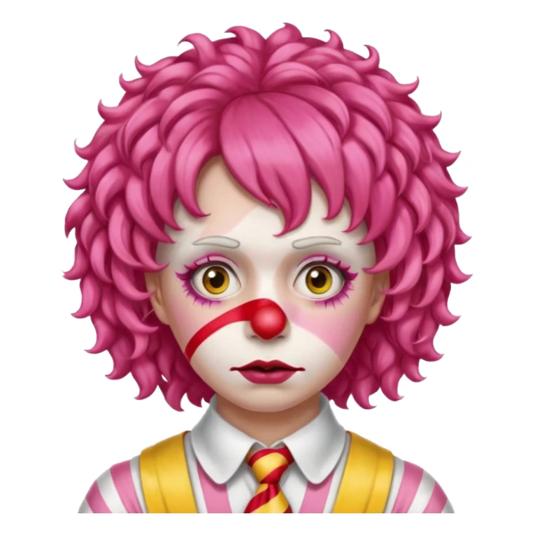 Pink curly wig.

White face paint with red nose and makeup.

Wearing a red-and-yellow striped costume with a white collar.

Wide-eyed, sad expression. sticker