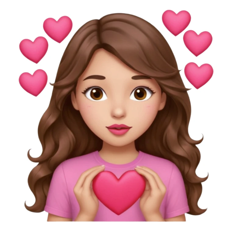 girl with long wavy brown hair, brown eyes, light to medium complexion, in a pink shirt, pink lips, long lashes, puckering up for a kiss, many  hearts in hand sticker