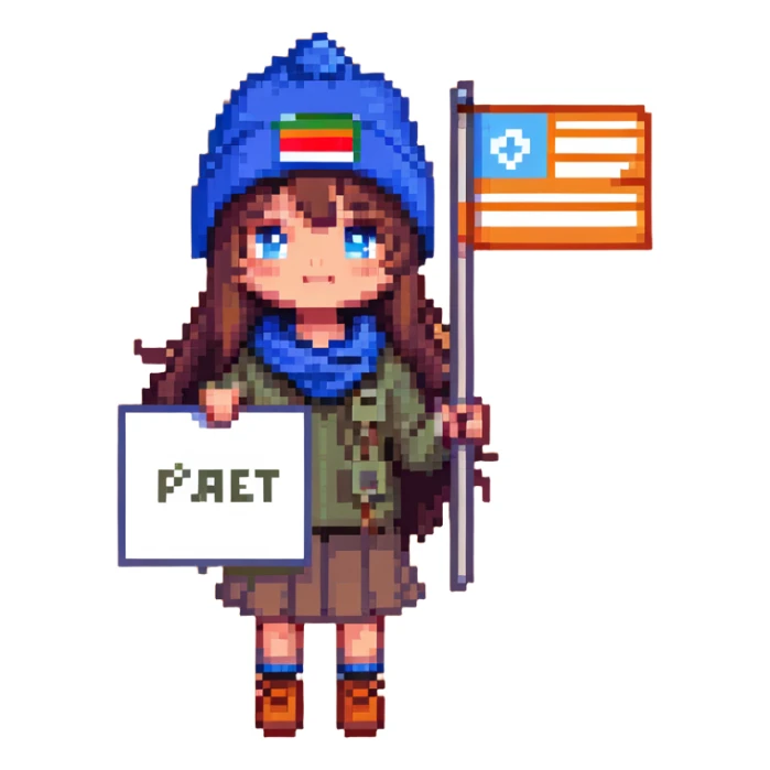 girl with blue beanie holding a protest flag for social justice sticker