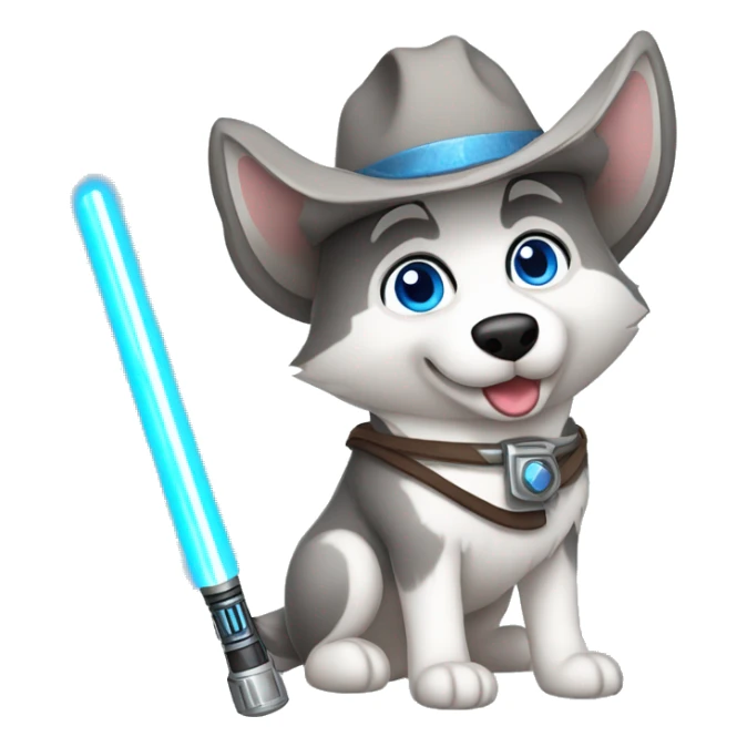 Gray Siberian Husky with blue eyes Jedi holding lightsaber cowboy hat  sticker