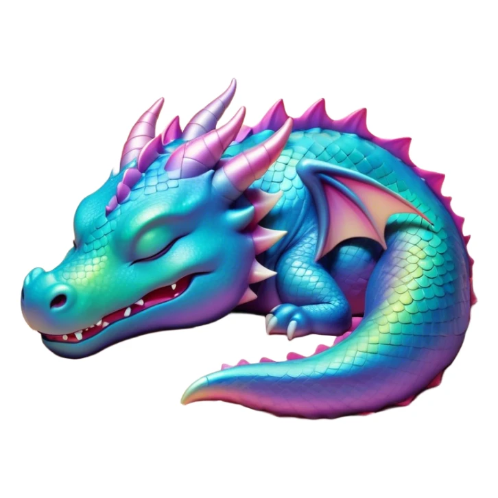 Meme-Worthy Cute Sleeping Dragon Portrait Emoji, Head resting peacefully with a contented smile, showcasing a sinuous, graceful build and a luxuriously soft, iridescent scaled body, eyes gently closed in serene, magical slumber, Simplified yet hilariously adorable features, highly detailed, glowing with a soft, drowsy mystical light, high shine, relaxed and utterly lovable, stylized with an air of playful fantasy, soft glowing outline, capturing the essence of a sleeping dragon that feels destined to become the next viral sensation of enchanted rest! sticker