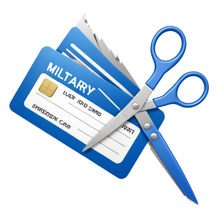 Scissors cutting military ID card sticker