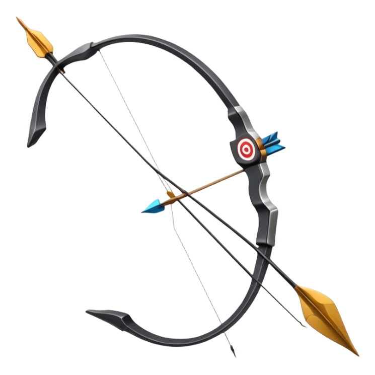 A professional recurve bow with an arrow nocked, ready to be released. The target features concentric rings, placed at a distance. The emphasis is on the bow, arrow, and target, highlighting the precision, focus, and skill involved in competitive archery. sticker