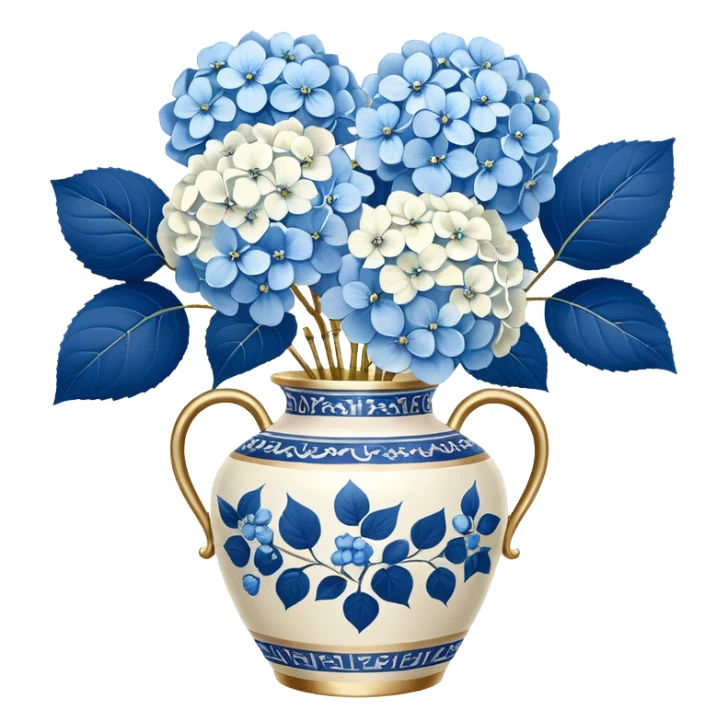 Blue and white floral  chinoiserie vase white gold handle, with white hydrangeas stem and blue hydrangeas stems sticker