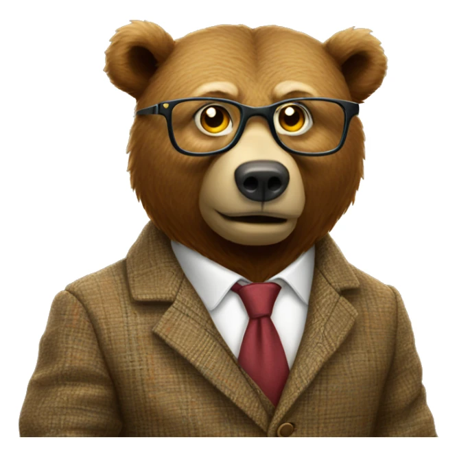 Brown bear animal dressed as a university professor wearing tweed suit and clear yellow plastic thick-rimmed glasses sticker