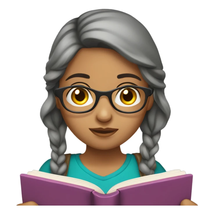 girl reading book, black eyes, Hispanic, grayish hair, wearing classes  sticker