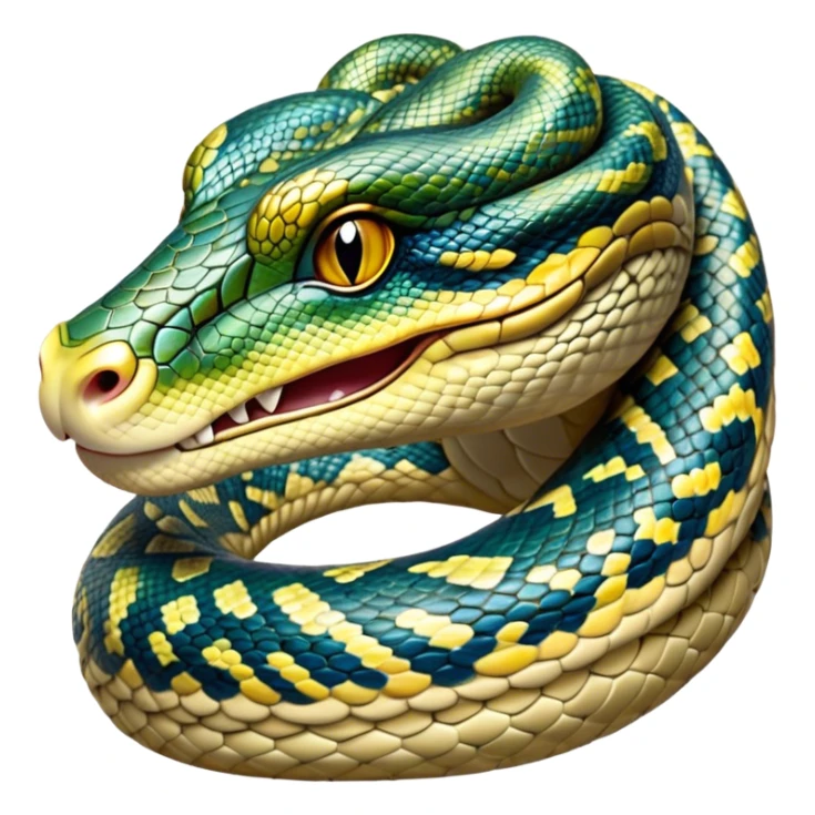 Cinematic Noble Python Portrait Emoji, Poised and regal, with a powerful, sinuous body adorned in intricate scale patterns and piercing, focused eyes, Simplified yet sharp and sophisticated features, highly detailed, glowing with a soft, earthy glow, high shine, intelligent and formidable, stylized with an air of primal elegance, focused and commanding, soft glowing outline, capturing the essence of a watchful and confident serpent that appears ready to coil out of the screen with effortless authority! sticker