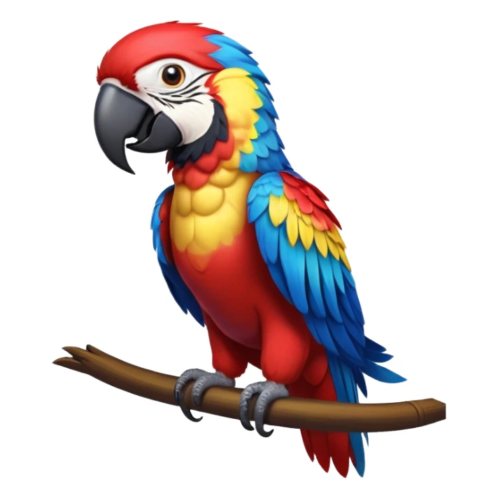 cinematic-macaw-realistic-full-body-standing-emoji,-vibrant-feathers-glowing-with-rich-reds,-blues,-and-yellows,-head-tilted-dramatically,-curved white-beak-gleaming,-piercing-dark-eyes-exuding-confidence,-simplified-yet-realistic-focused sticker