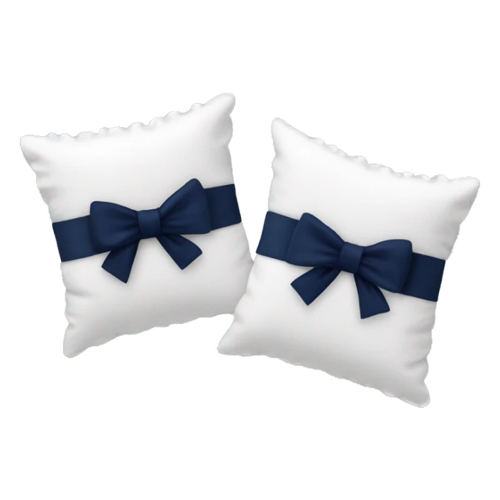 2 white pillows with ruffles and a navy blue bow sticker