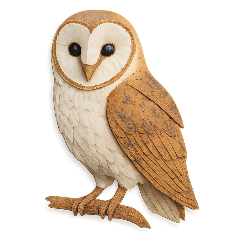 very detailed barn owl perched on a branch, intricate cut paper textures, heart-shaped face, white and golden-brown feathers, realistic markings sticker