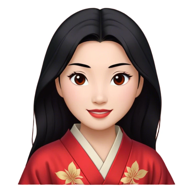 Cinematic Realistic Radiant Mulan Portrait, presenting Mulan with a warm, confident smile and lifelike light-toned skin that appears almost luminous under natural daylight. Her sleek black hair is rendered in meticulous detail, and her traditional robe—accented with understated red highlights—is depicted with realistic fabric textures and folds. The overall image exudes a gentle, inviting glow, high shine, and refined detail that captures her poised elegance and inner resilience in a painterly, authentic style. sticker