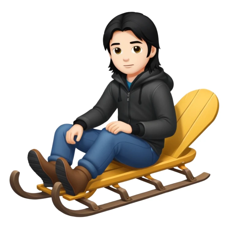 Boy with black long hair sitting on a sled sticker