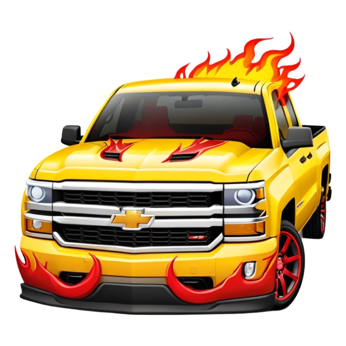 Bright yellow Chevrolet Silverado with red flame artwork exclusively on the front bumper, clean hood, exactly as in Kill Bill, 30-degree angle showcasing bumper detail, iOS emoji style sticker