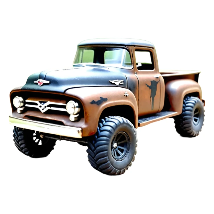 1:10 off-road lcg smoking rusting Arrma Traxxas Basher style Wednesday Adam’s 1954 blackened tarnished hotrod utility streamlined anime Ford zombie extended cab rc bulging pickup (extra wide low-profile pin tires chrome wheels with fenders) sticker