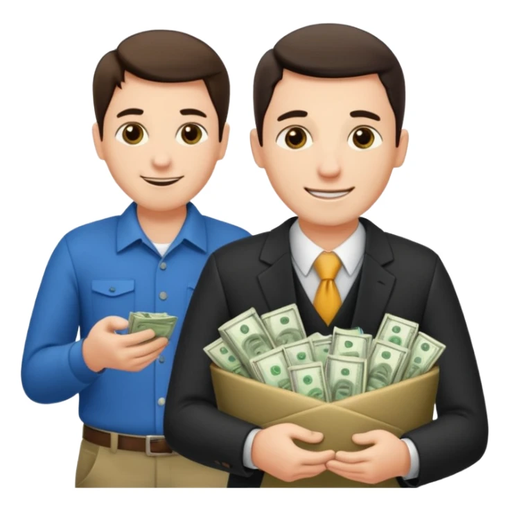 un chef d'entreprise en train de compter sa montagne de billet derrière lui une file de client qui entre dans son magasin pendant qu'à cote un autre chef d'entreprise poche vide pas de client  sticker