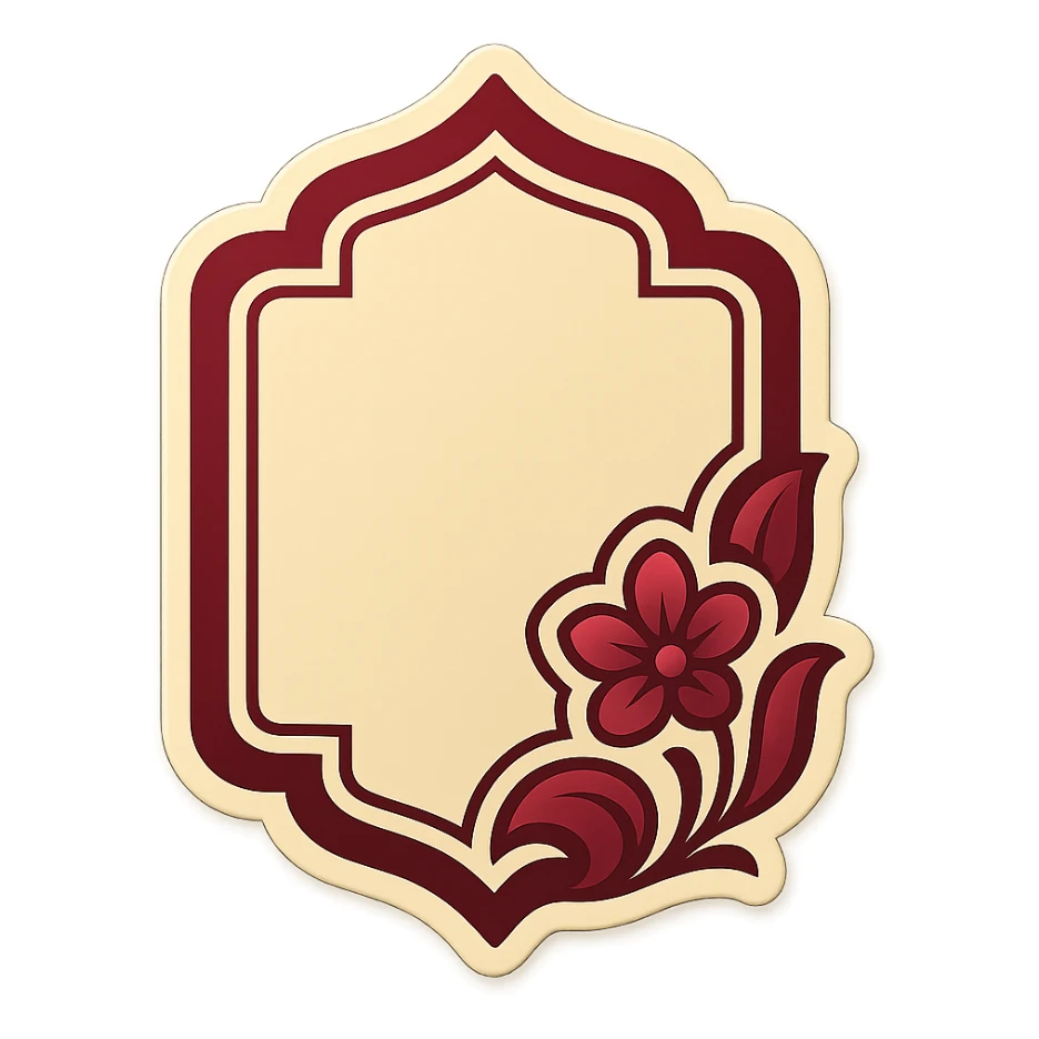 eastern plaque with floral pattern, retro sticker style, burgundy and beige colors, minimalist eastern flower in corner, soft shadows, transparent background sticker