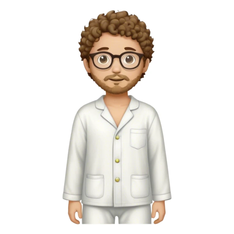 A young man with short curly brown hair, round glasses, light beard, and a comfortable full-body pajama. sticker