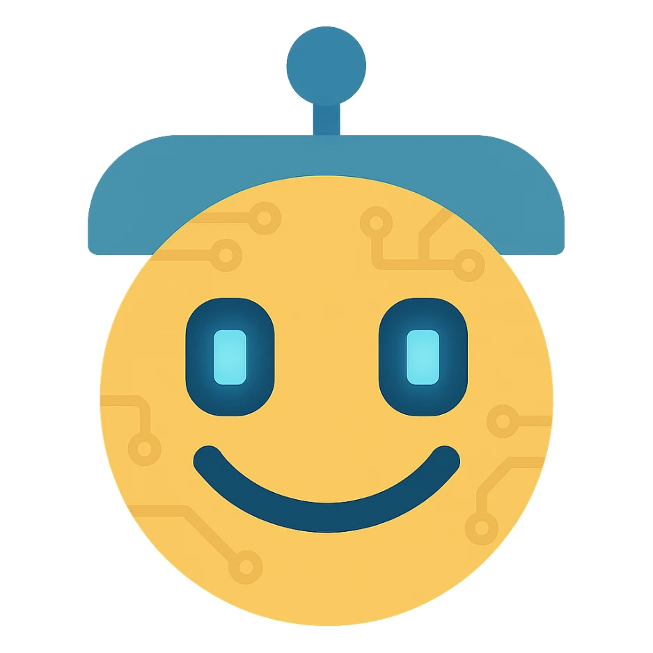 Make the smiley AI emoji look more robotic, with metallic features, digital eyes, and subtle circuitry, keep the flat color icon style, with no background sticker