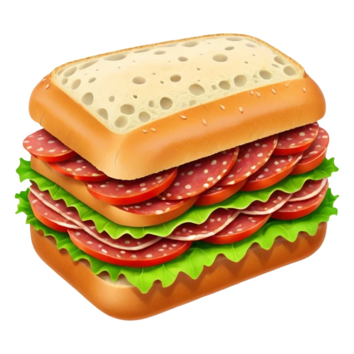 salami sandwich with crusty bread, layers of salami, lettuce, tomato sticker