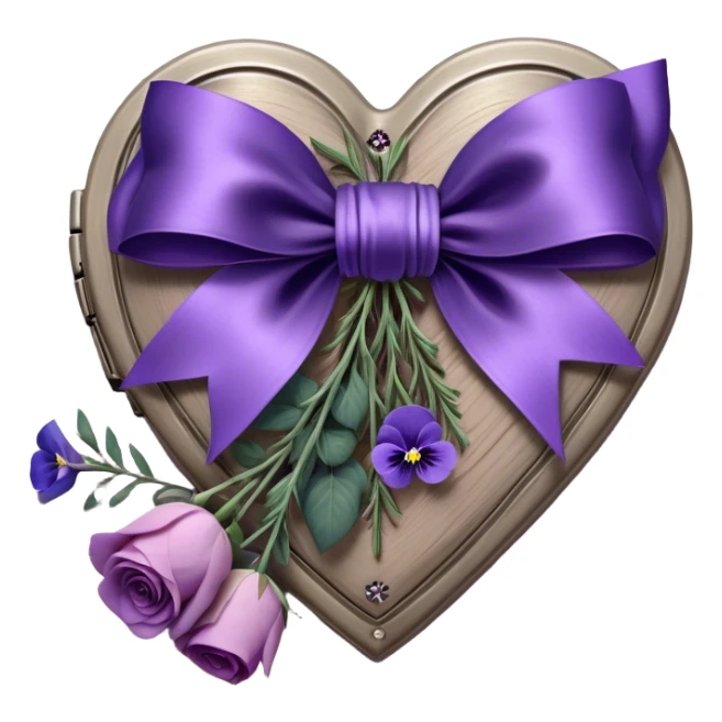 A midnight purple silk bow wraps around a bundle of wilted lavender sprigs, velvety pansies, and blush-violet roses, resting on an aged wooden table. Nearby, an antique silver locket shaped like a heart, engraved with tiny celestial stars, glistens faintly under the dim candlelight. sticker