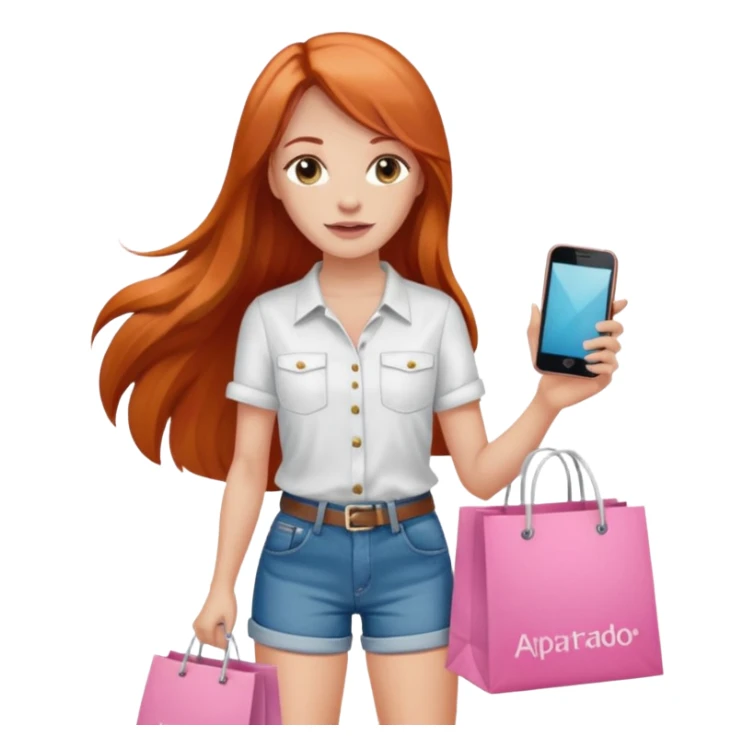 Chica con cabello cobrizo largo short de jeans blusa blanca y bolsas de compras rosas y celular diciendo apartado sticker