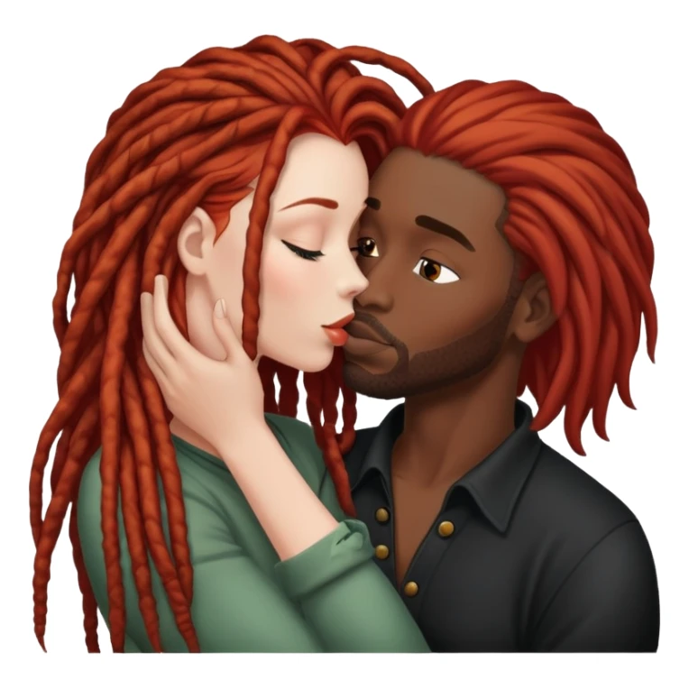 Mulher ruiva, pele branca, beijando um homem negro, com dreads nos cabelos sticker