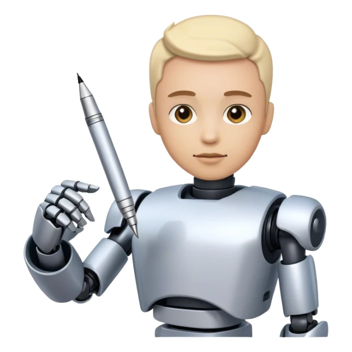 Emoji of a robot turning into a human with a pen or speech bubble sticker
