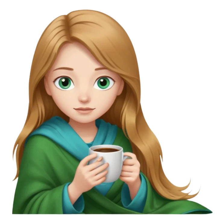 A girl with blue eyes, long eyelashes, very long light brown hair, inside a green blanket with coffee sticker