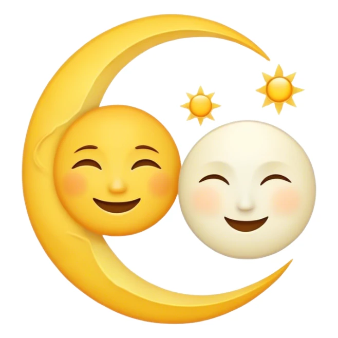 a really bright  big sun and a small moon who shines because of it. the sun is bigger and the tiny \moon bright too beside it smiling looking at each other sticker