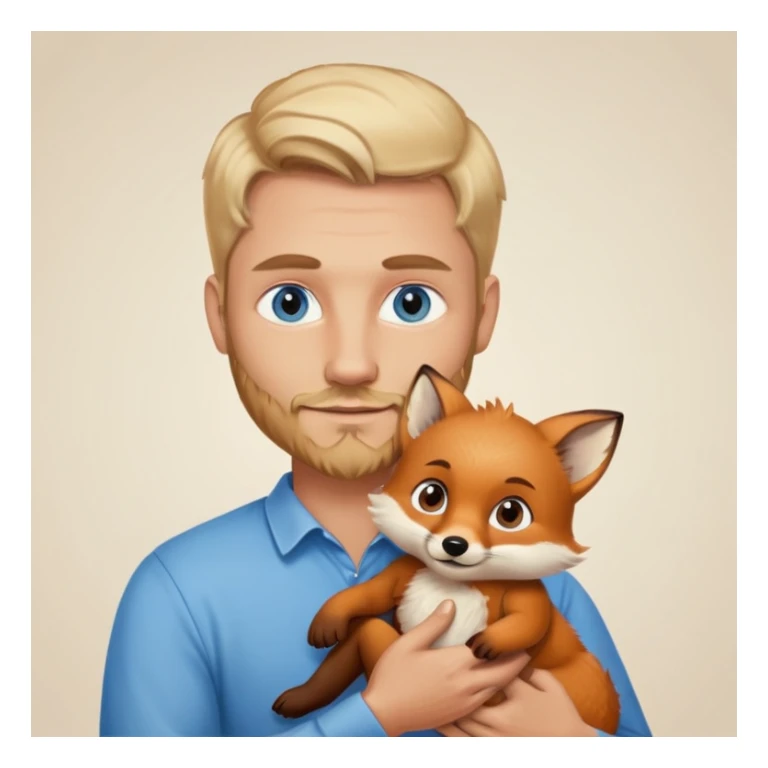 Blonde man with a slight darker beard and blue eyes holding a brown baby fox sticker