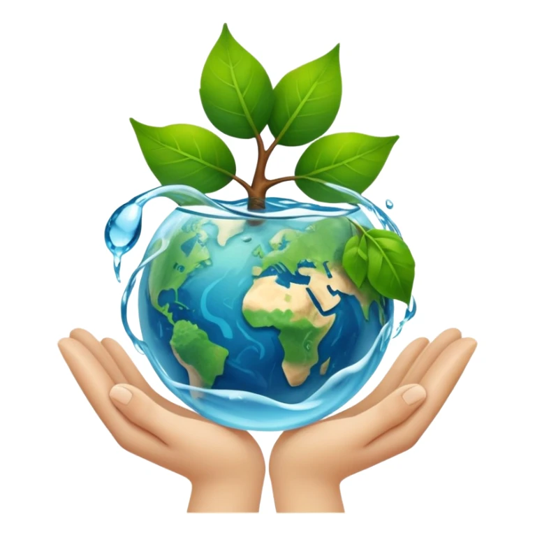 An icon featuring a green leaf, Earth held in hands, and a recycling symbol, symbolizing ecology. The design includes trees, clean water, and animals, representing environmental protection, sustainability, and ecosystems. Transparent background highlights the science of nature and conservation. sticker