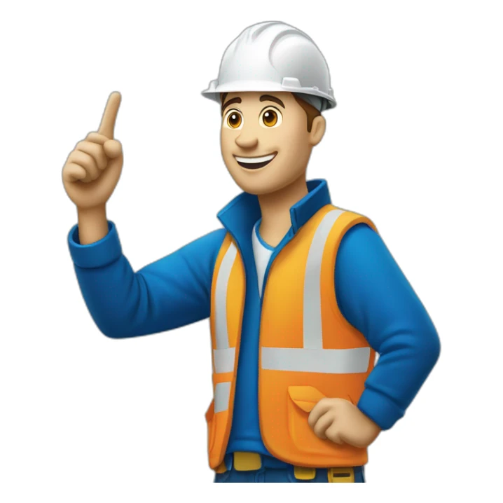 construction worker pointing left upwards in blue jacket and with logo cortusa group sticker
