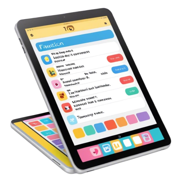 Create an emoji representing fanfiction writing. The design should feature a digital device tablet with visible text, symbolizing the creative process of writing fanfiction. Add a subtle reference to popular fictional characters or universes to indicate the fan aspect. Use a playful, imaginative color palette, blending vibrant tones with soft neutrals. Do not include any emojis or smiley faces. Make the background transparent. sticker