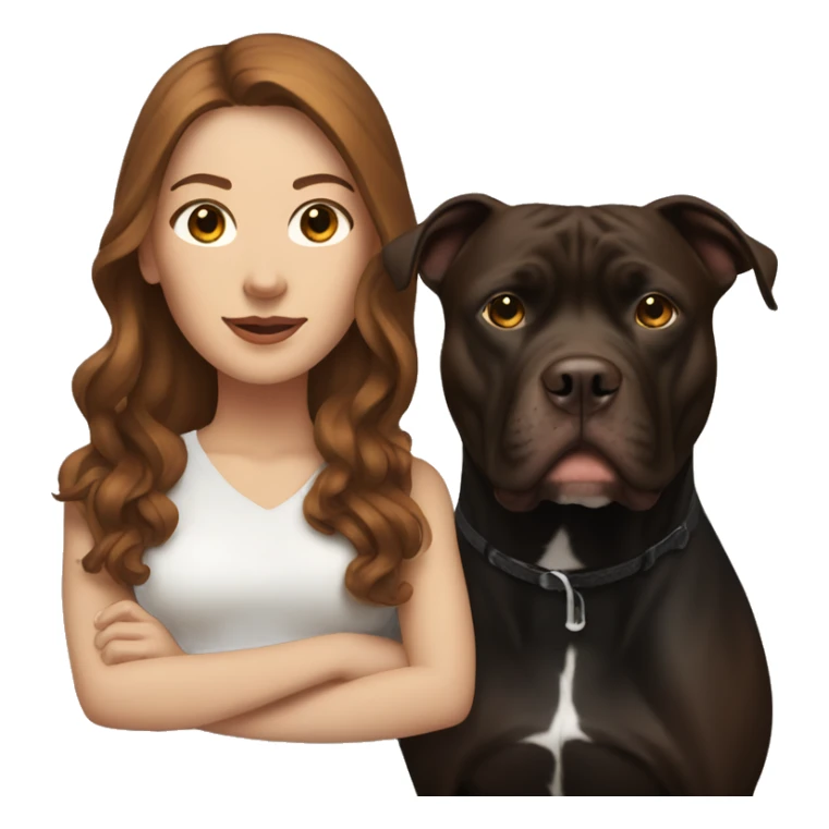 white woman with long brown hair standing alongside a black pitbull  sticker