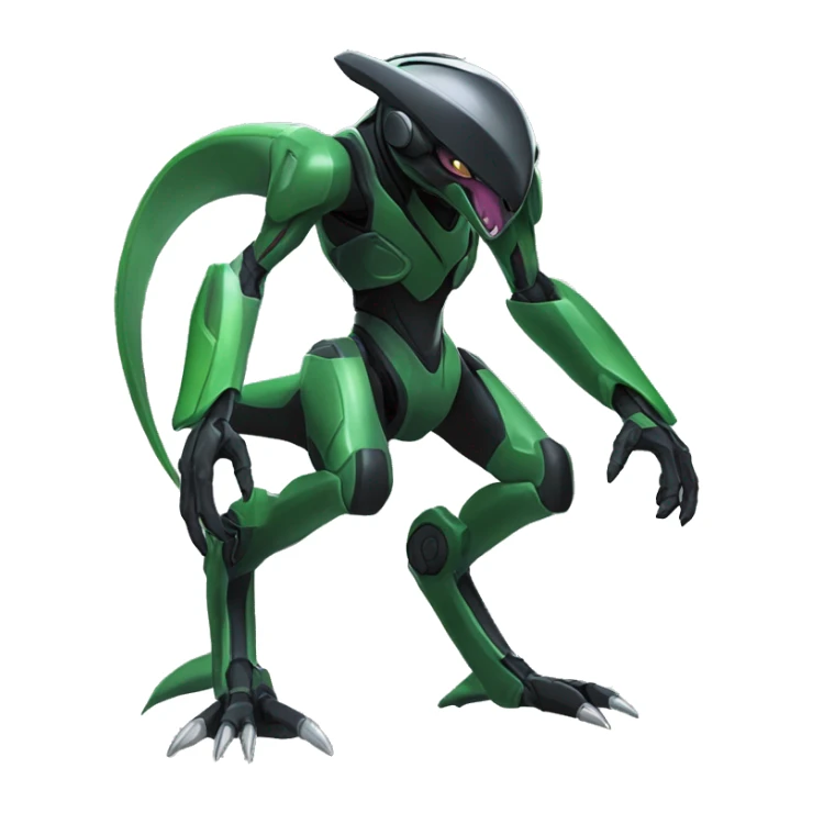 a shiny black-green Genesect-Raptor-Fakémon—hybrid with a futuristic visor-helmet full body sticker
