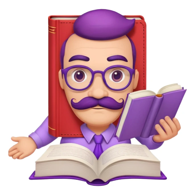 pastel red book with purple mustache and eyebrows and face, white paper hands and feet, dr hakim from Takes To game sticker