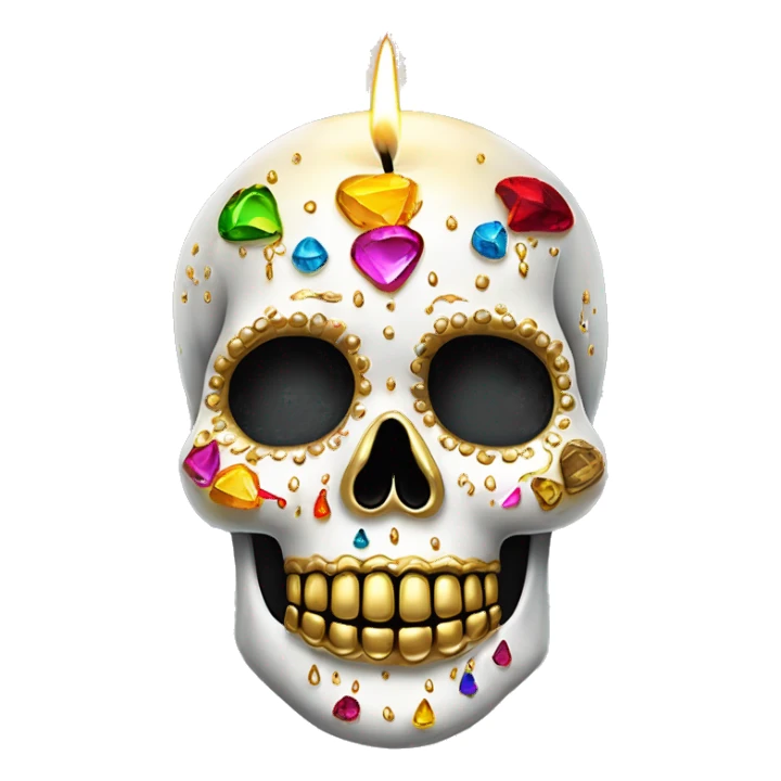 Realistic white sugar skull decorated with colorful rhinestones with a metallic gold candle on top of its head dripping down melted metallic gold wax down the skull sticker