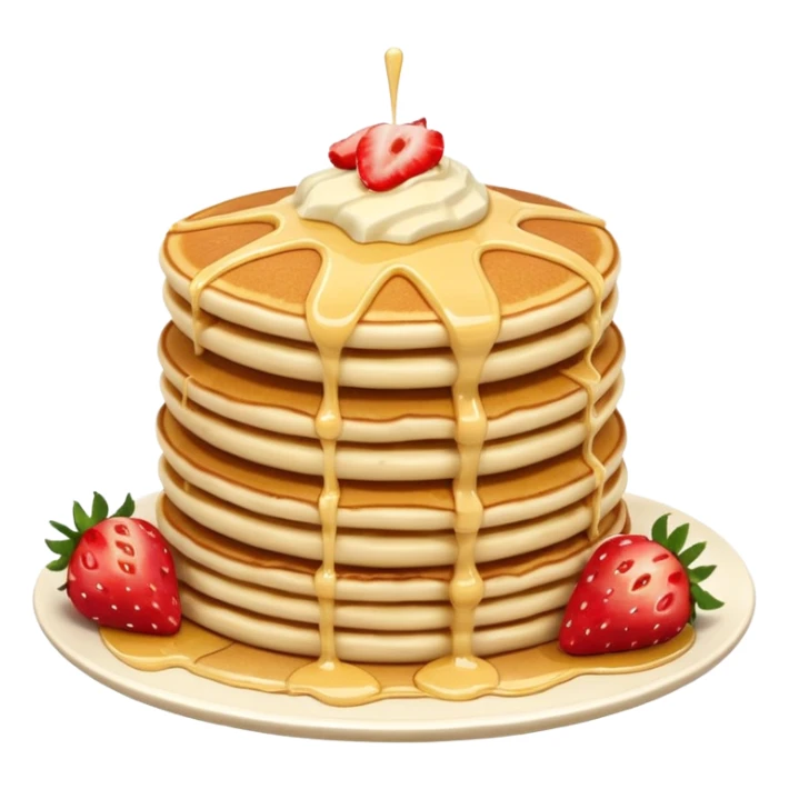 a stack of pancakes with melted white chocolate drizzle and strawberries sticker