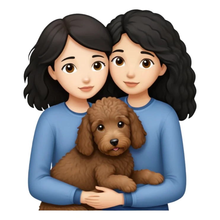 a girl with medium long black hair, hugging a little brown coated labradoodle. sticker