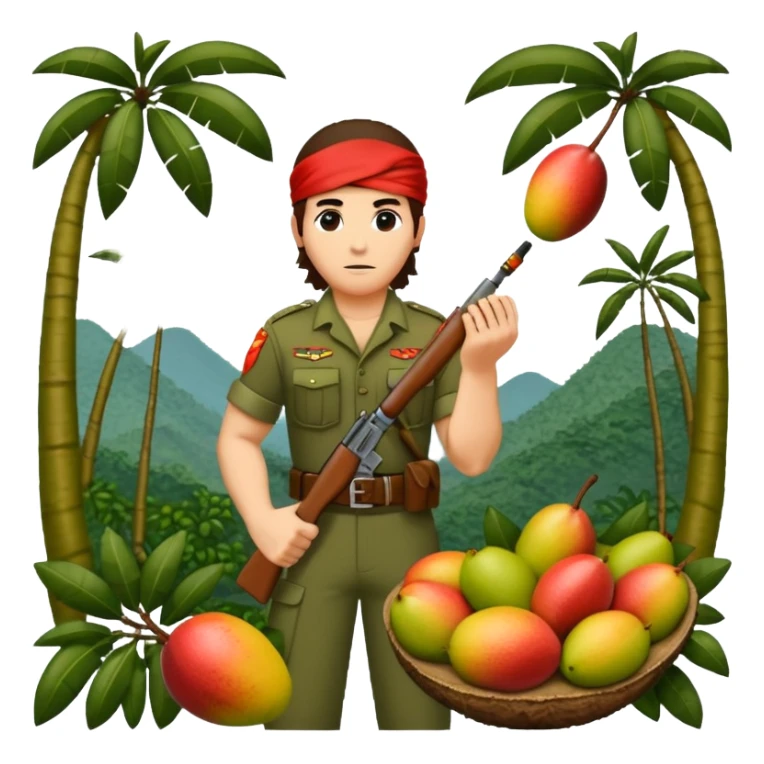 quiero que crees la imange de un Mango con Brazos fuertes y piernas como las de un culturista, que lleve uniforme militar de selva y que tenga pelo largo y una bandana roja en la cabeza como la de rambo y tambien que este en posicion de ataque con una ametralladora pixelart sticker