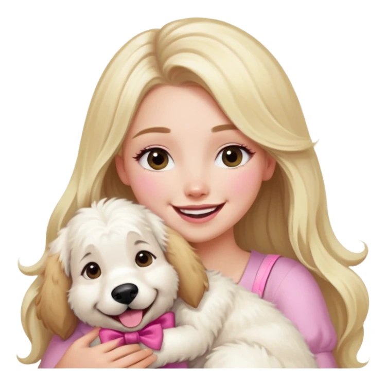 Pretty blonde bombshell girl with long hair and highlights. She has long eyelashes and a pink bow in her hair. She is hugging a very huge press Pyrenees dog and they are both laughing  sticker