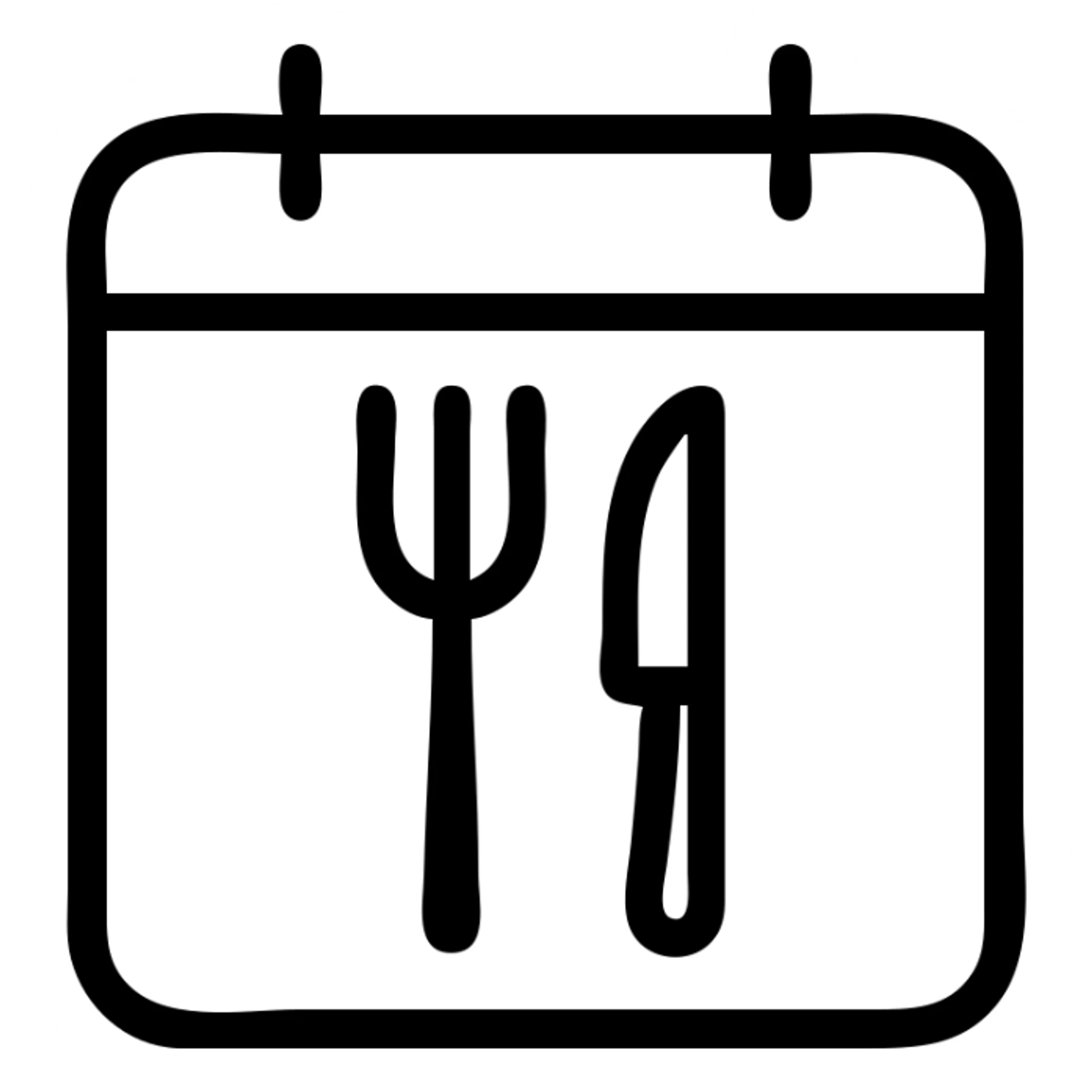 minimalistic bold black-and-white icon, square, clean geometric lines, modern look, flat style, no gradients, calendar symbol with a fork and knife inside it representing a weekly meal plan, inspired by Netflix and Lifesum app design, perfectly readable at small sizes, vector style, no background, suitable for both dark and light mode sticker