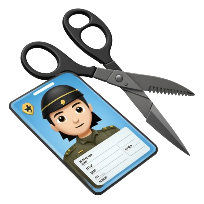 Floating black Scissors cutting in half an idf soldier ID card with a little chip in 2 parts sticker