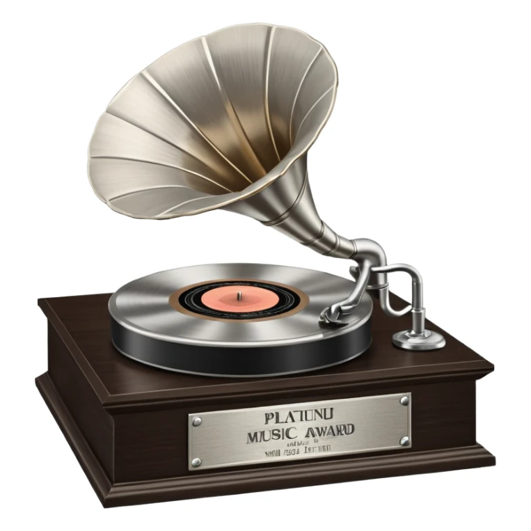 A platinum music award plaque: a square, polished platinum plate with a subtly textured, mirror-like finish, mounted on a simple dark wood base. The center features a relief of a vintage gramophone or stylized vinyl record in a slightly darker metallic tone.  sticker