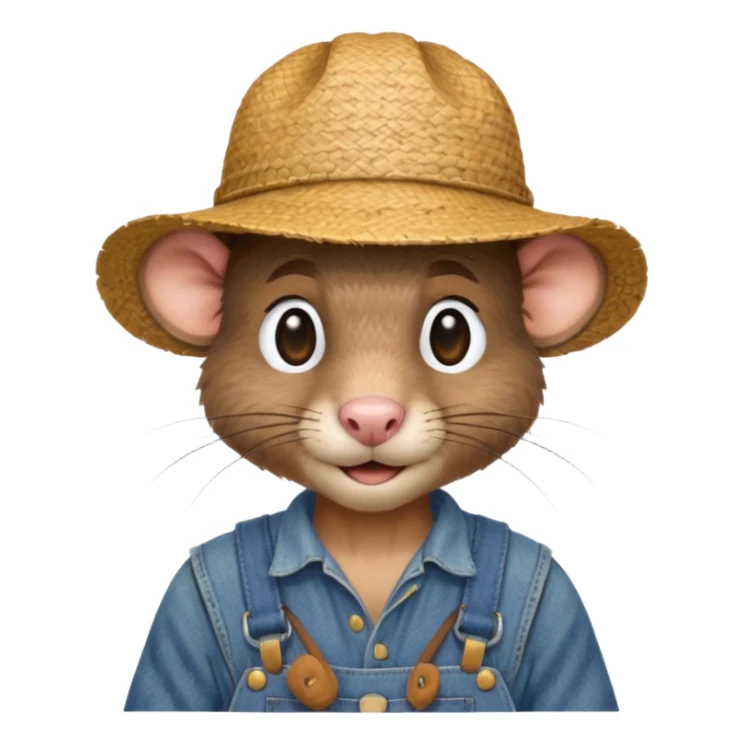 farmer rat in denim overalls with a straw hat sticker
