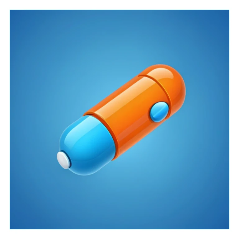 A pill (medicine) in two tones: tale blue and bright orange sticker